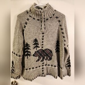 VTG 90s Coldwater Creek Cabincore Bear Pine Tree 1/4 Zip Sweater Gray Plaid S